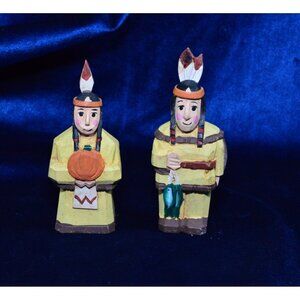 Vintage Wooden Carved Native American Man and Woman Figures Thanksgiving Decor